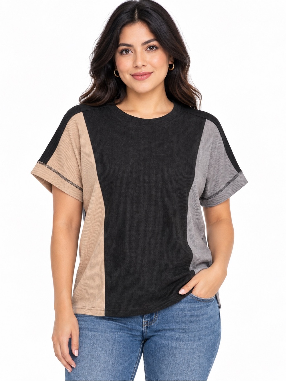 Kate Kasin Colorblock Waffle Knit Short Sleeve Top – Women’s XL